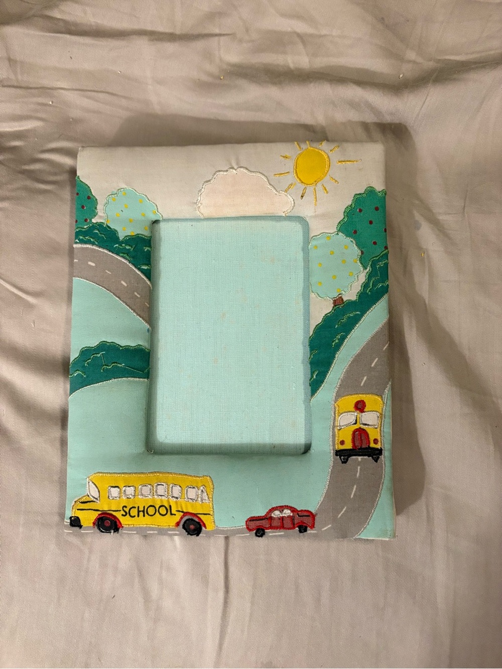 Embroidered Kids Photo Frame - School Bus Design in Yellow and Aqua